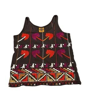 Tory Burch Embroidered Tank‎ Top Brown Purple White Women's Small Boho Summer